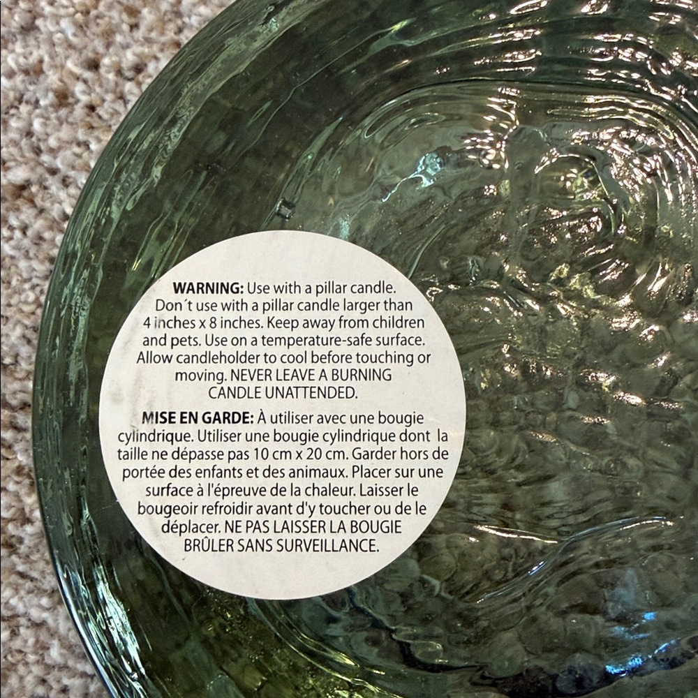 Pottery Barn Green Glass Pillar Candle Holder, 6”D x 3.5”H, EUC - Picture 3 of 3